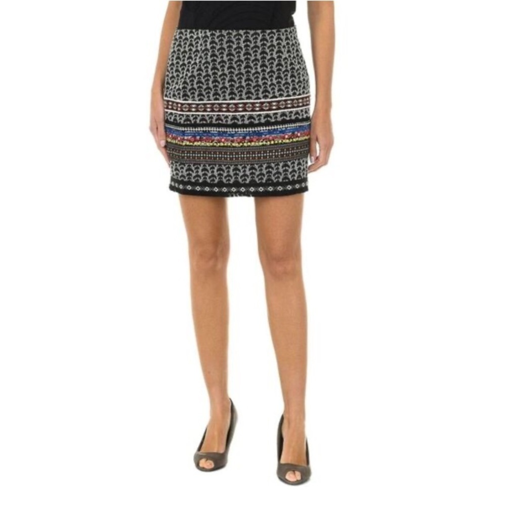 Desigual Avila Embroidered Tweed Woven Mini Skirt Boho Southwestern Black Large